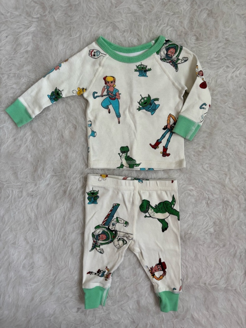 Disney Baby Toy Story Characters Cream and Mint Green Trim Two Piece Pajama Set